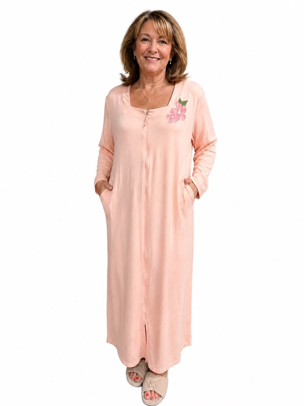 NWT National Women’s Peachy Pink Floral Zip Front Long Robe House Dress Pockets